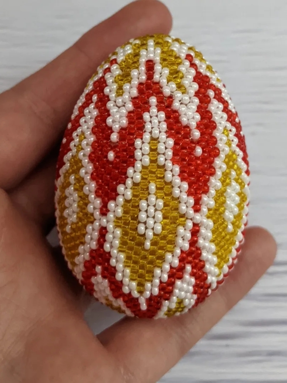 Hand-Beaded Decorative Egg in Red, Yellow & White